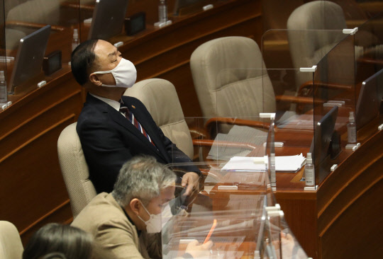 홍남기 부총리 겸 기획재정부 장관이 지난 2일 오후 서울 여의도 국회에서 열린 제391회 정기국회 제12차 본회의에서 눈을 감은 채 생각에 잠겨 있다. <연합뉴스>
